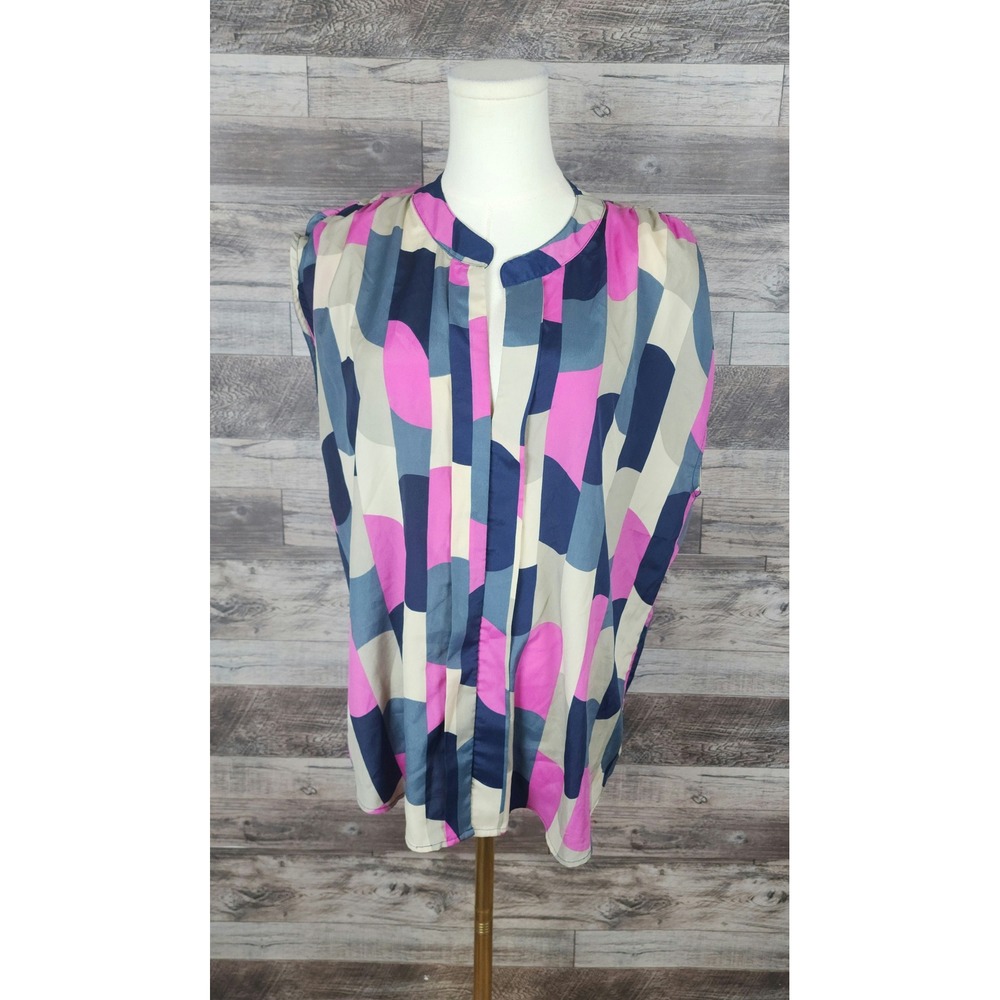 Eclair Women Pink Navy Blue Geometric Abstract Print Sleeveless Blouse Large